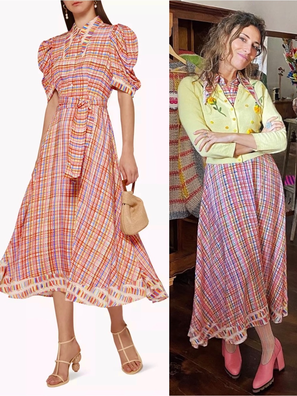 CELIA B Rainbow Plaid Oversized Collar Whimsical Puff Sleeve Coquette Dress S